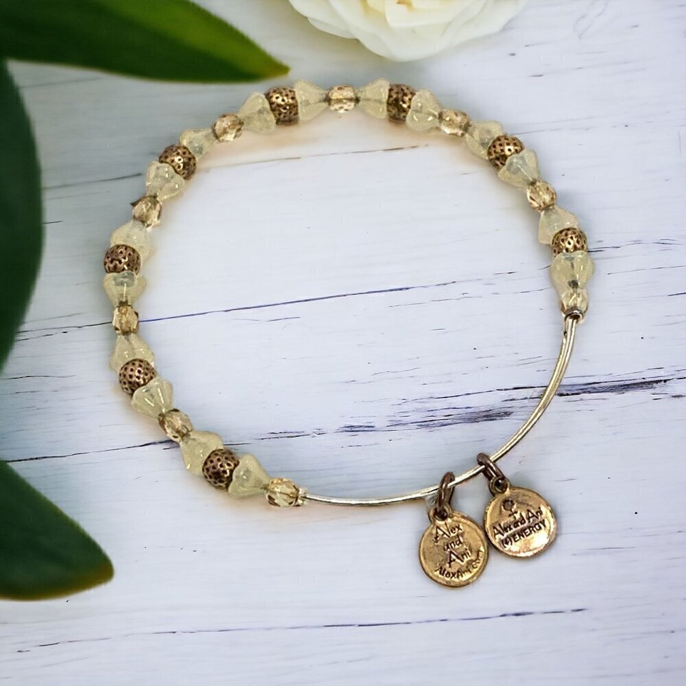 Alex and Ani Gold and Quartz Beaded Charm Bracelet - Expands 2"- 3.5"